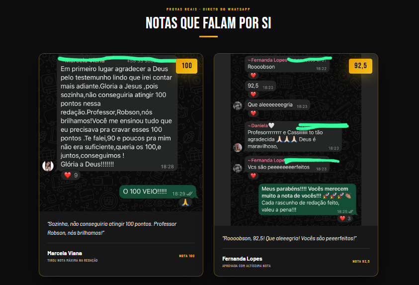 Depoimentos reais de alunos via WhatsApp